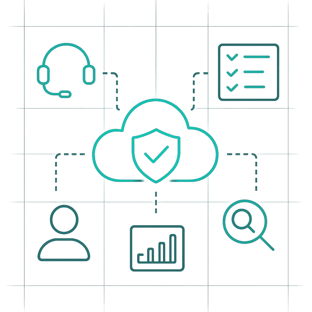 Team collaborating over secure cloud diagram
